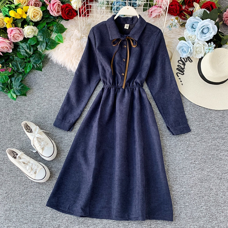 French retro super fairy waist skirt core velvet shirt dress  3401