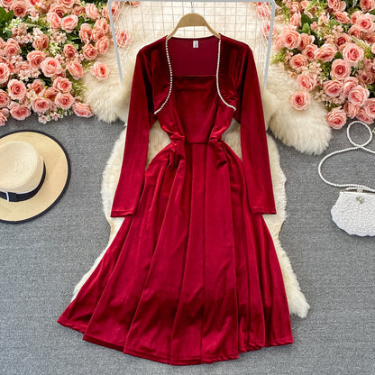 Hepburn style waist closed to show thin temperament, large swing skirt  3237
