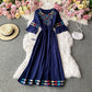 Embroidered trumpet sleeve V-neck waist cotton hemp loose holiday dress  2948