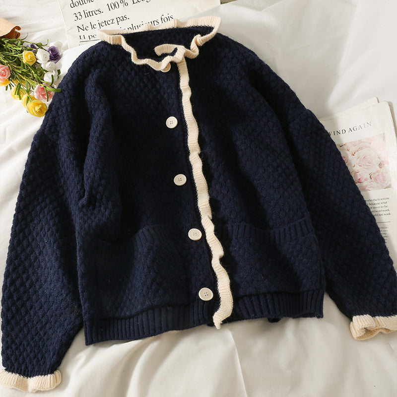 Farblich passender einreihiger Cardigan im Retro-Stil im Hongkong-Stil mit Agaric-Rand 1707