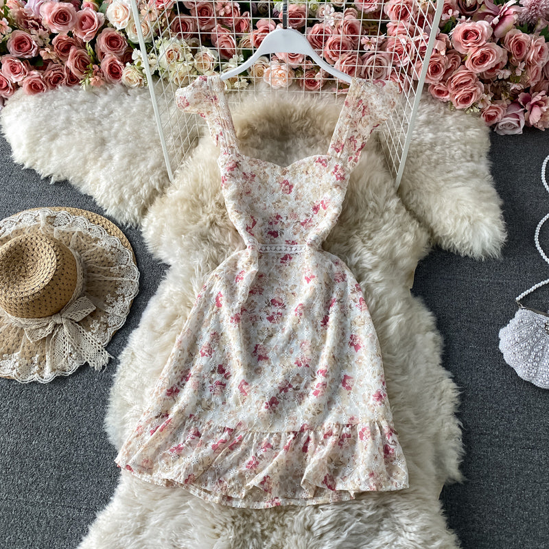 Französisches Retro-Strapskleid mit Spitzenstickerei und Blumenmuster 3436