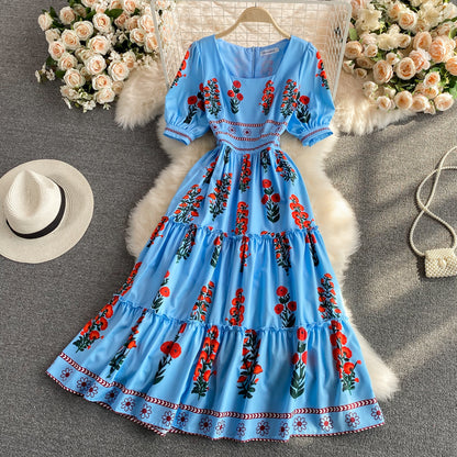 Korean foam sleeve knee length aging square neck dress  3325