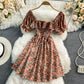 French sweet waist closing thin square neck bubble sleeve Floral Dress  3189