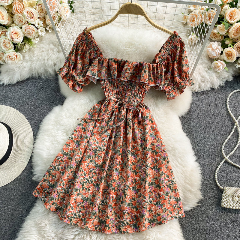 French sweet waist closing thin square neck bubble sleeve Floral Dress  3189