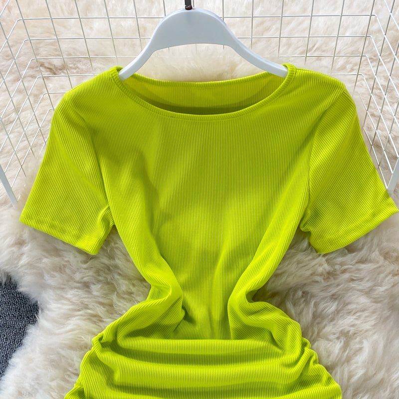Sexy drawstring temperament slim round neck tight buttock dress  2777