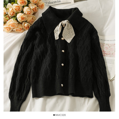 Sweater female autumn dress broken flower BOW TIE LAPEL  1792