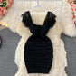 French sexy high waist thin pleated square neck wrap hip dress  2715