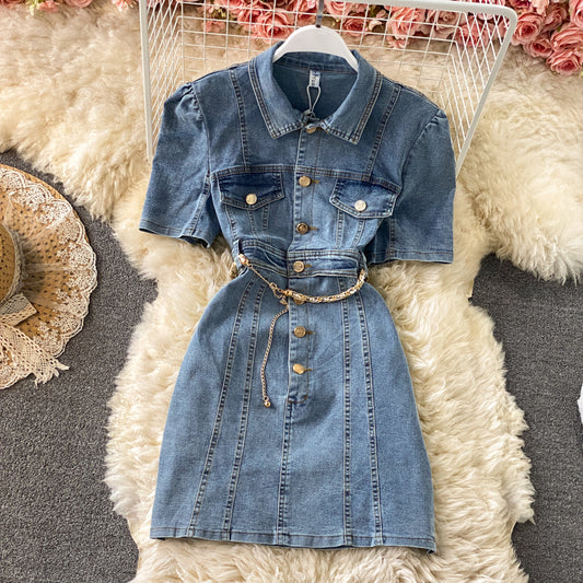 Bubble sleeve Lapel denim dress  2965