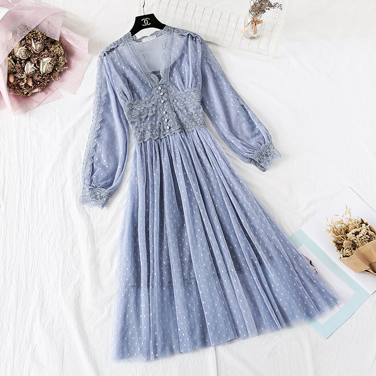 Vintage lace mesh skirt fairy super xiansen two-piece suit  2219