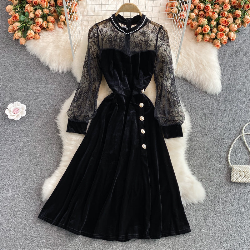 High waist, narrow waist, super fairy Hepburn style, large swing long skirt  3110