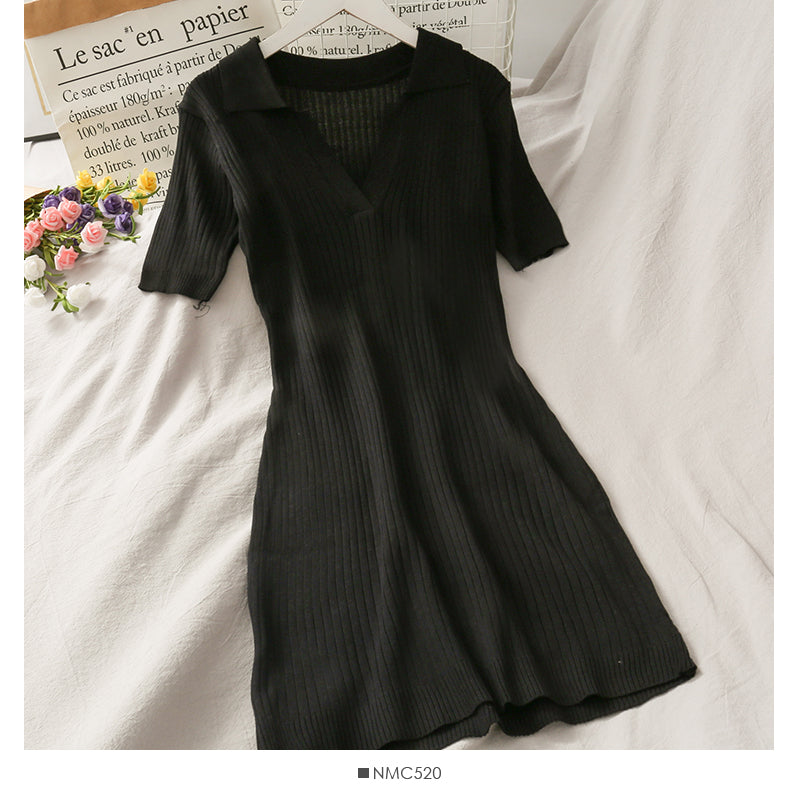Simple and versatile solid color tight Lapel high waist wrap hip dress  2689