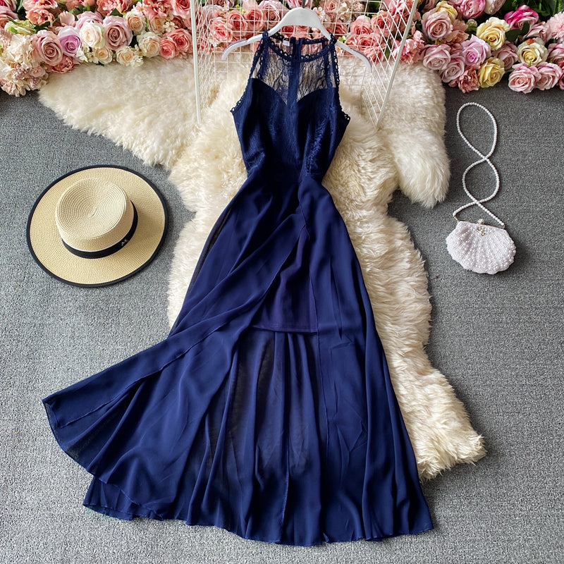 Sexy round neck hanging neck off shoulder slim Chiffon split skirt  3147