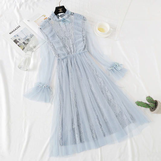 Heavy industry three-dimensional flower lace dress fairy mesh two-piece set  2466