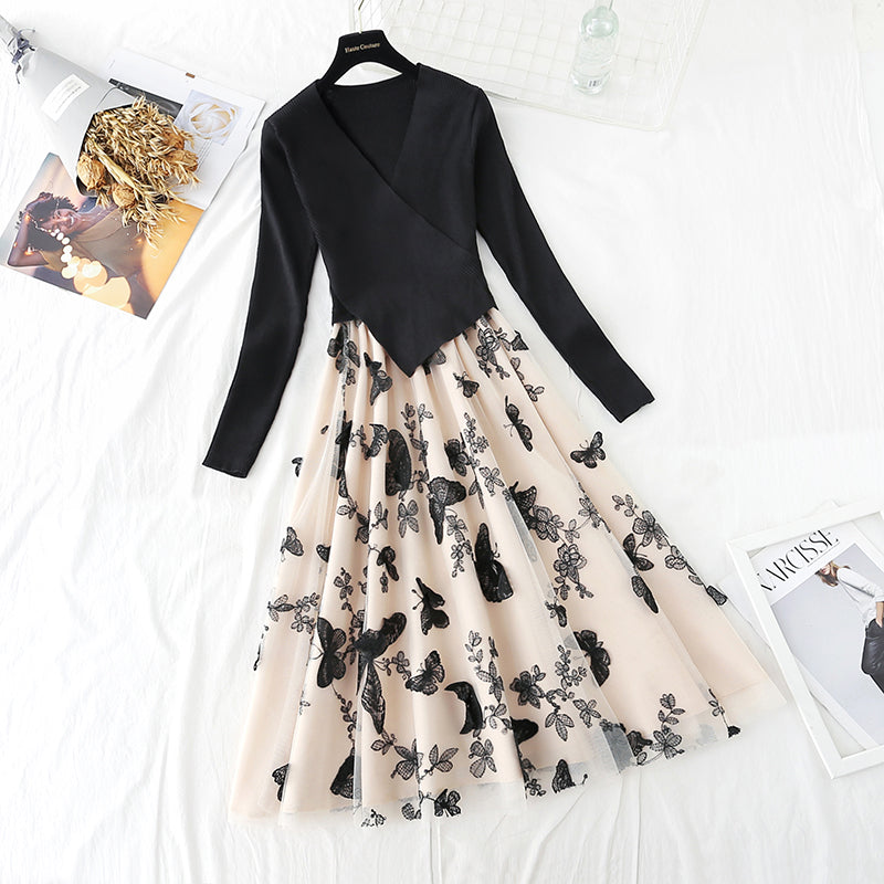 Irregular knit stitching fake two-piece mesh Butterfly Embroidery skirt female  2152