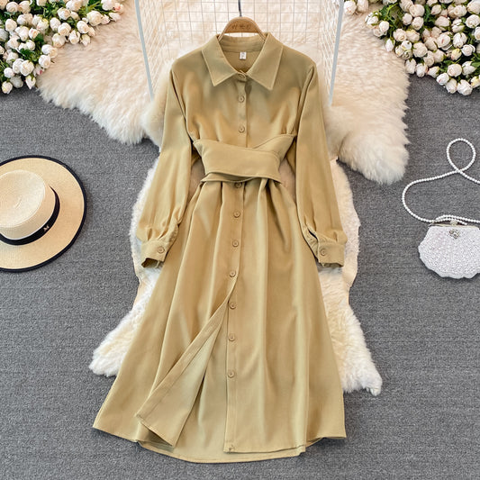 Corduroy bandage single breasted shirt skirt  3272