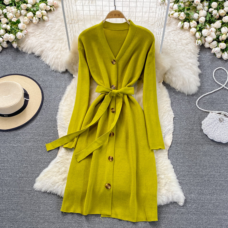 Gentle style V-neck knitted dress temperament thin sweater skirt  3379