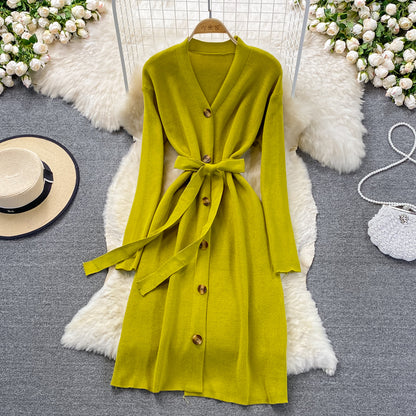 Gentle style V-neck knitted dress temperament thin sweater skirt  3379