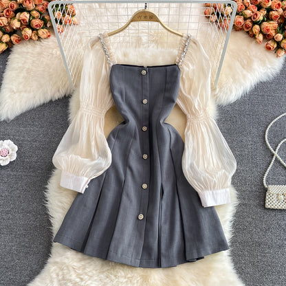 Narrow waist single breasted bubble sleeve square neck A-line dress  3117
