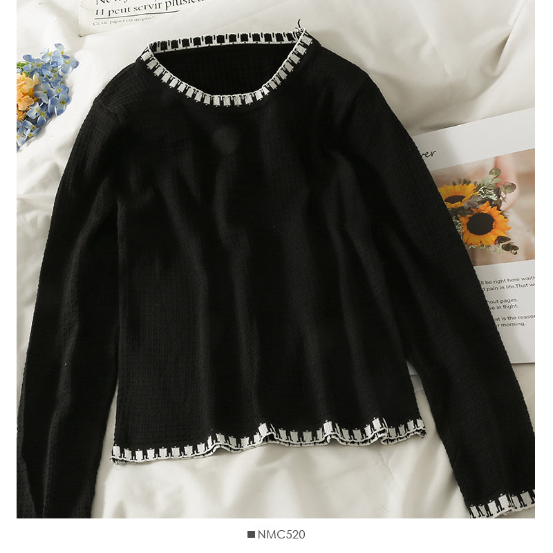 Slim and slim round neck sweater top women's new color matching bottom shirt  2040