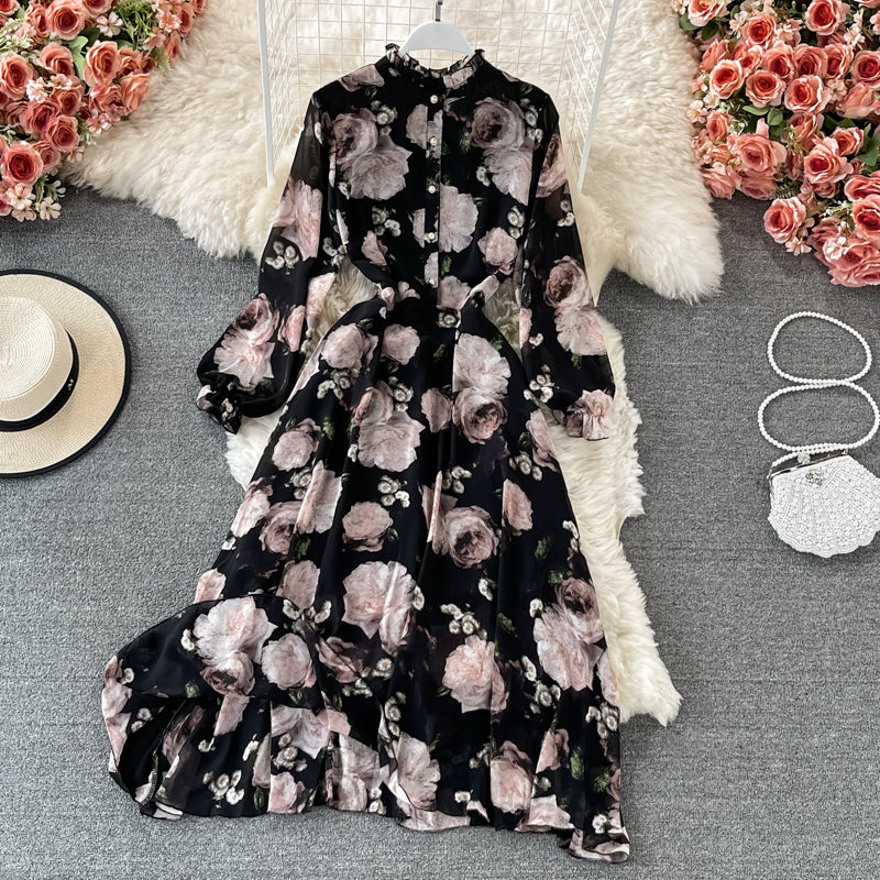 Slim waist and slim temperament French Vintage Chiffon Dress  3198