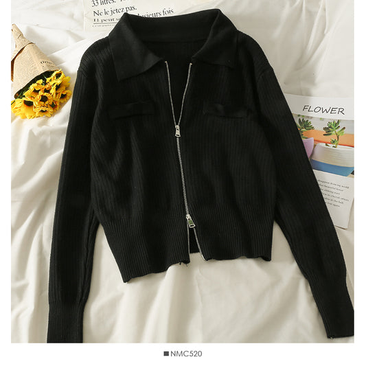 Cardigan zippé à revers et manches longues à rayures verticales 1830