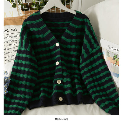 Sweater women's striped single breasted cardigan long sleeved sweater  1982