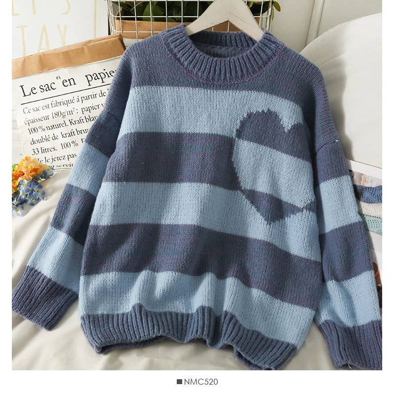 Sweet wind loose medium length heart print Pullover women's sweater  2079