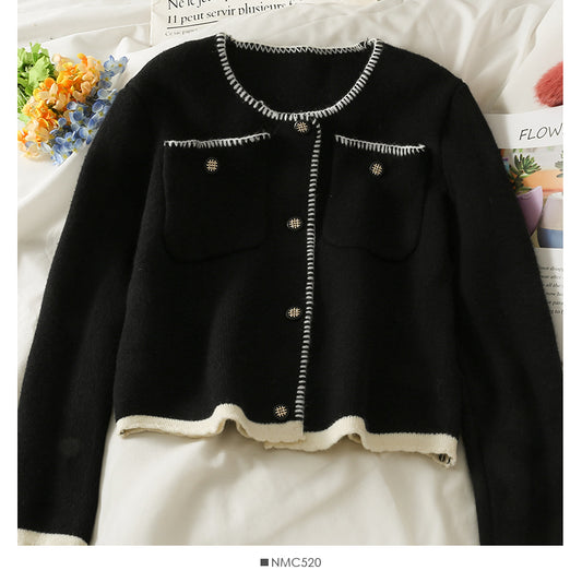 Pullover Damen Taschenseite einreihiger Cardigan Top farblich passender Slim Fit Pullover mit Boden 1983