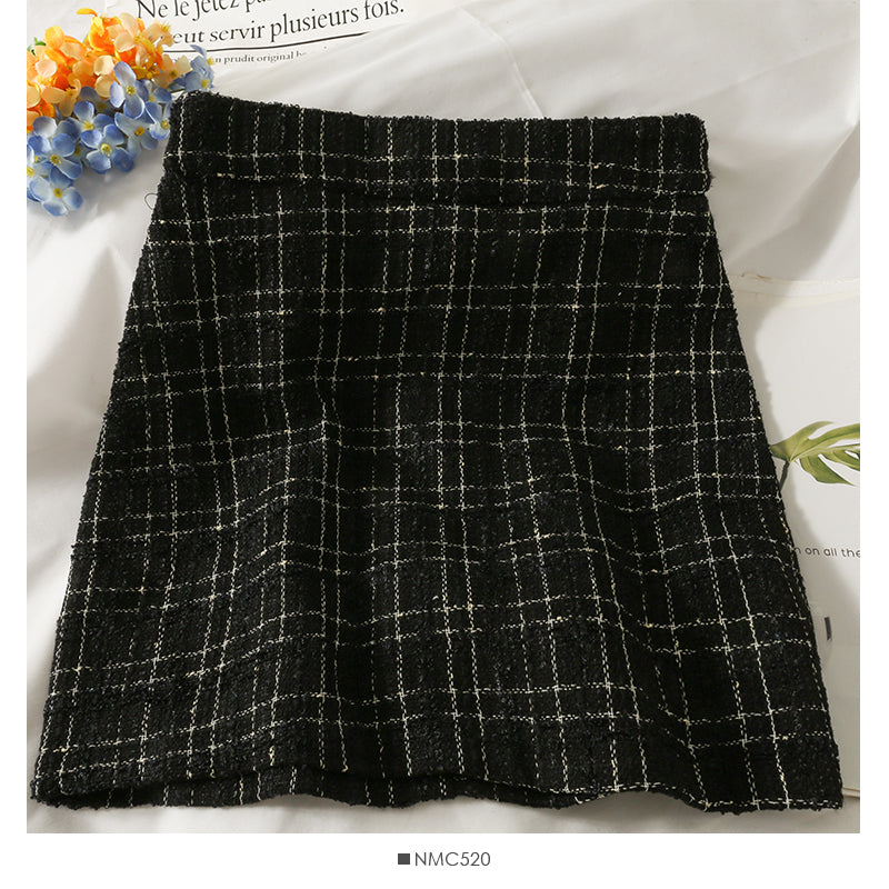 Jupe portefeuille taille haute slim en tweed vintage à carreaux de style Hong Kong 2622