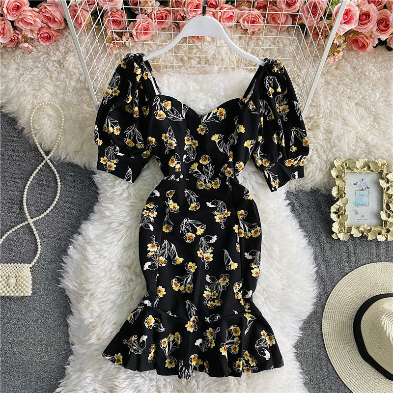 Floral backless square neck bubble sleeve Hip Wrap fishtail dress  2955