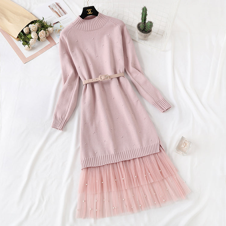 Long sweater skirt over knee net red yarn skirt two-piece suit  2142