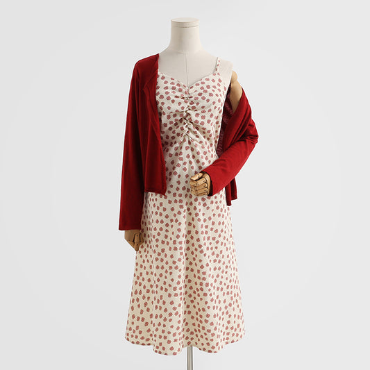 Corduroy dress floral suspender skirt foreign style two-piece temperament long skirt  2151
