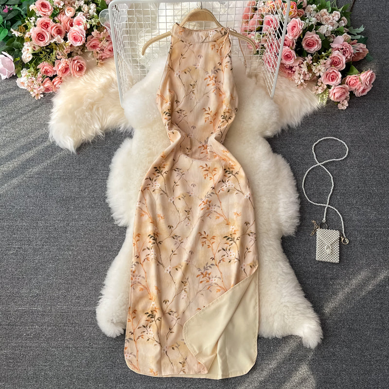 Stand collar slim, feminine temperament, Floral Chiffon Dress  3058