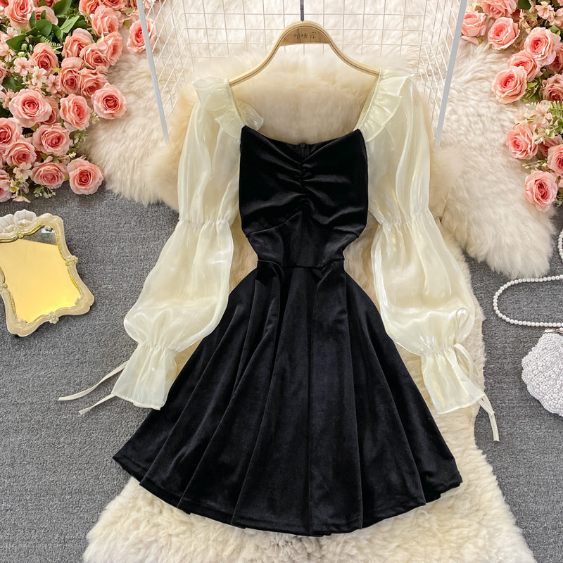 Square neck velvet waist puffy dress  3372
