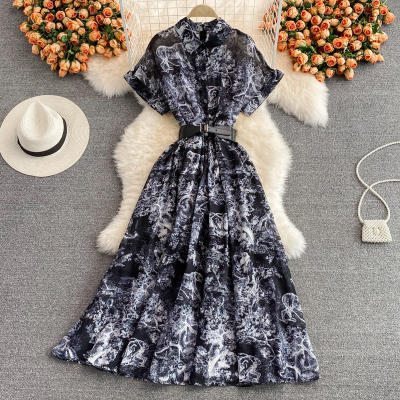 Knee length Vintage Printed Dress with waist cut and long skirt  3223