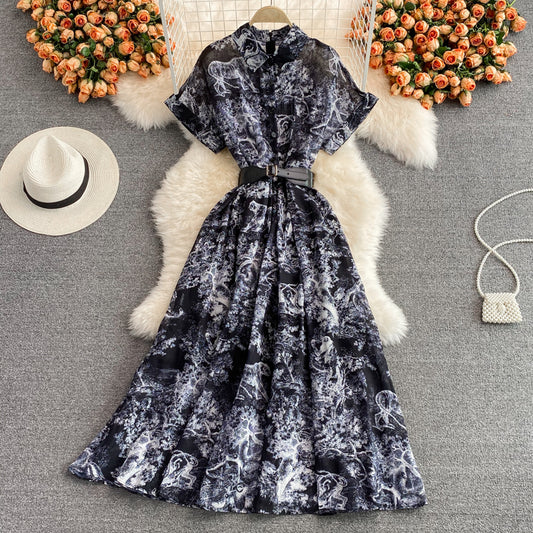 Knee length Vintage Printed Dress with waist cut and long skirt  3223