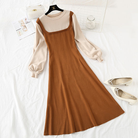 Vintage sweater bottomed long skirt color matching slim fit fake two-piece set  2143