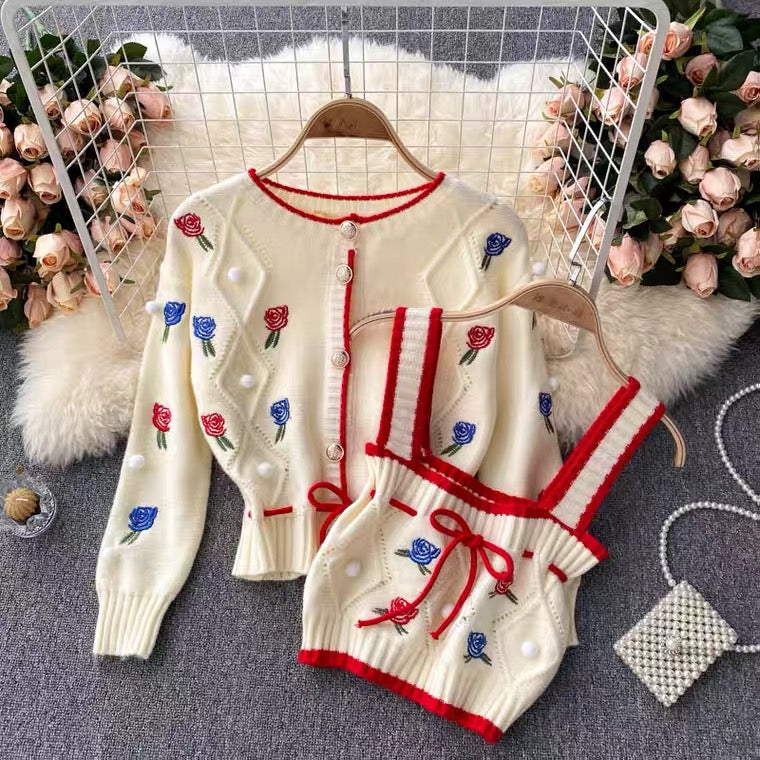 Strick-Cardigan, Vintage, gestickte Blume, lockerer Langarm-Pullover, kurzer Absatz, Spaghettiträger-Oberteil, süße Zweier-Sets 1339