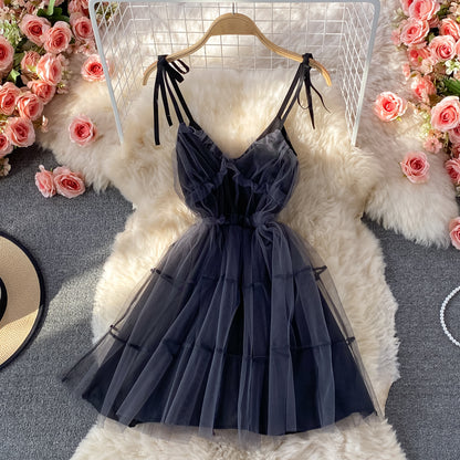 Bow tie tie waist closing thin mesh puffy dress  3071