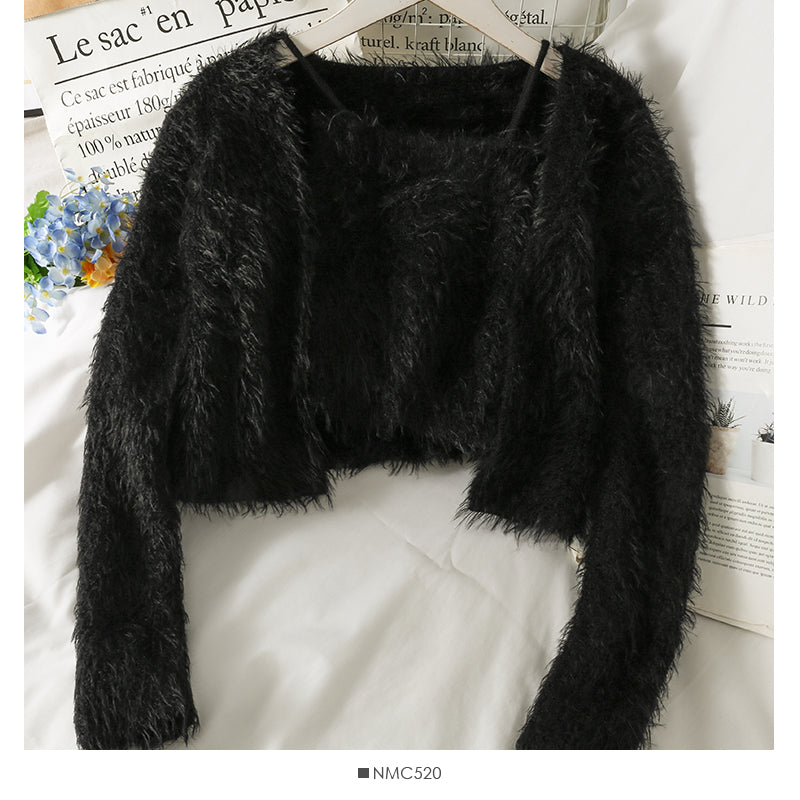 Slim cardigan long sleeved sweater with suspender vest inside  1695
