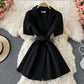 Slim waist, solid color short sleeve suit dress  3197