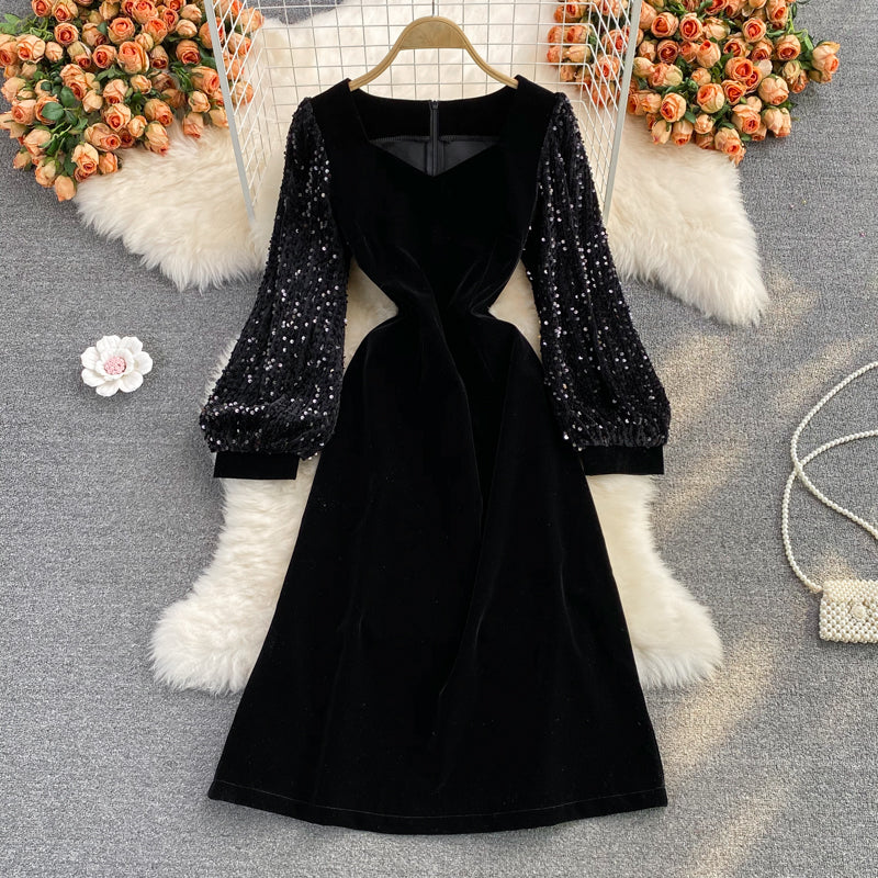 Medium length square neck velvet stitched Sequin bubble sleeve  3091