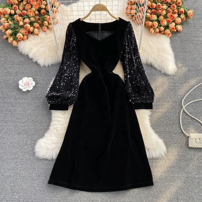 Medium length square neck velvet stitched Sequin bubble sleeve  3091