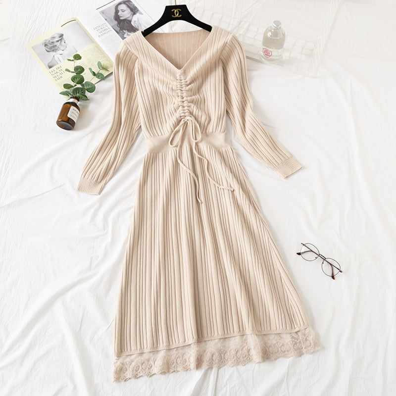 New knitted dress long sleeve lace up pleated Lace Panel bottomed skirt  2454