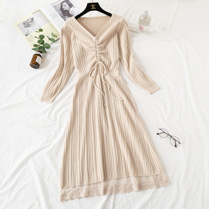 New knitted dress long sleeve lace up pleated Lace Panel bottomed skirt  2454