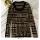 Han Fan retro stripe medium long tight long sleeve T-shirt  2068