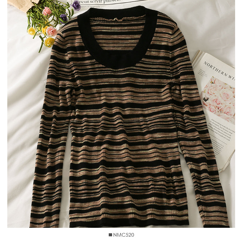 Han Fan retro stripe medium long tight long sleeve T-shirt  2068