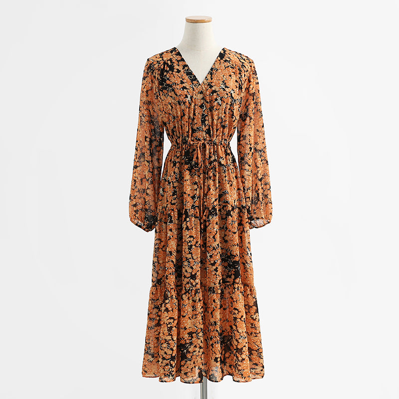 Long sleeved Chiffon floral skirt, thin during tea break  2131