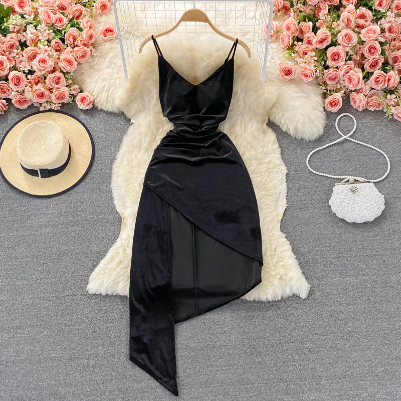 Suspender skirt female slim irregular velvet dress  2834