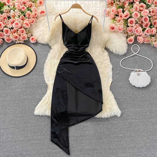 Suspender skirt female slim irregular velvet dress  2834